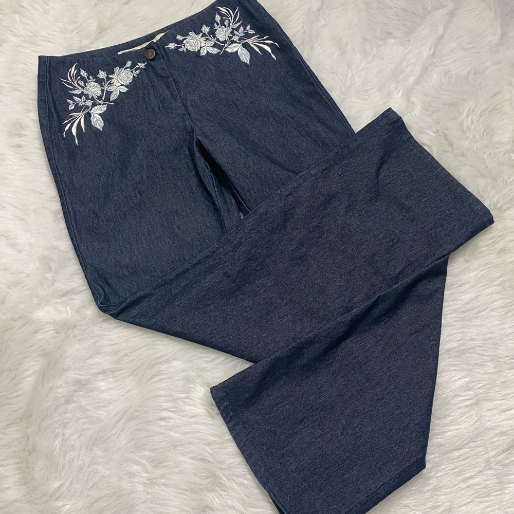 Sitwell trouser style denim dress jeans pants roses embroidered boot cut size 2